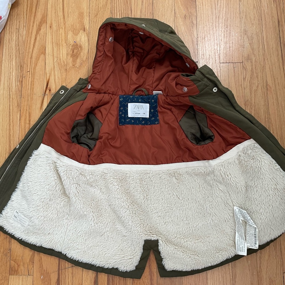 Zara Kids Boys Green Winter Jacket Coat Parka FUR COLLAR NOT INCLUDED - Picture 6 of 6